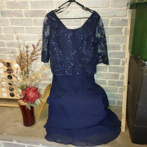 Maya Brooke M Dress Navy Blue Tiered Short Sleeve